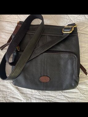 Fossil Black Leather Pebbled Crossbody with Brown Logo Patch